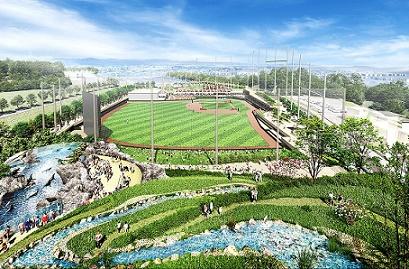 緑と広い空に囲まれた「東京ジャイアンツタウン」。球場と水族館が一体となって新たな賑わいを創り出す（イメージ）